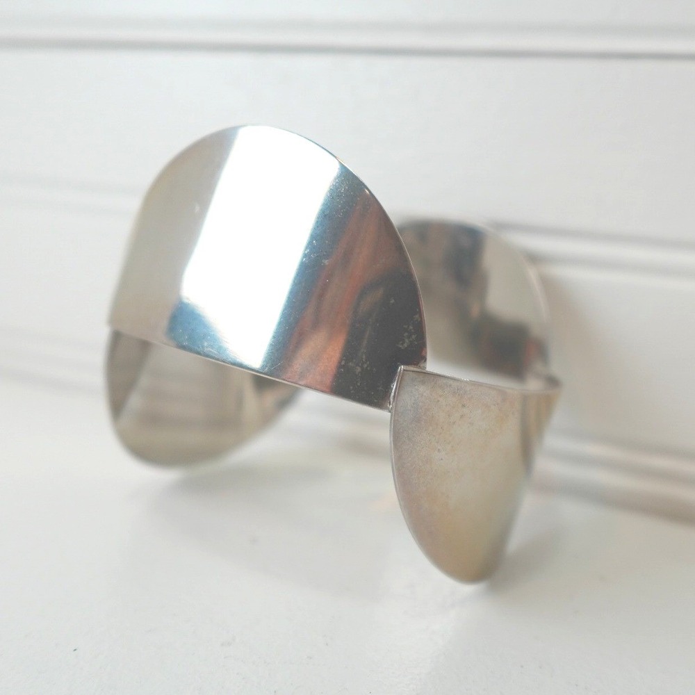 Vintage Chunky Modernist Cuff Bangle Bracelet Silver Tone Abstract Sculptural